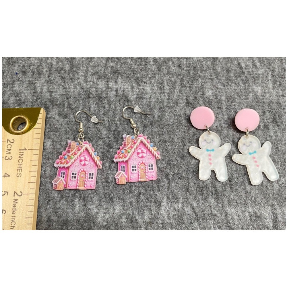 Pink Gingerbread House & Iridescent Gingerbread Man Christmas Earring Set 2 Pair